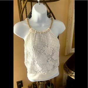 GRAZZIA Sleeveless Open Back, Lace, Halter Beaded Top